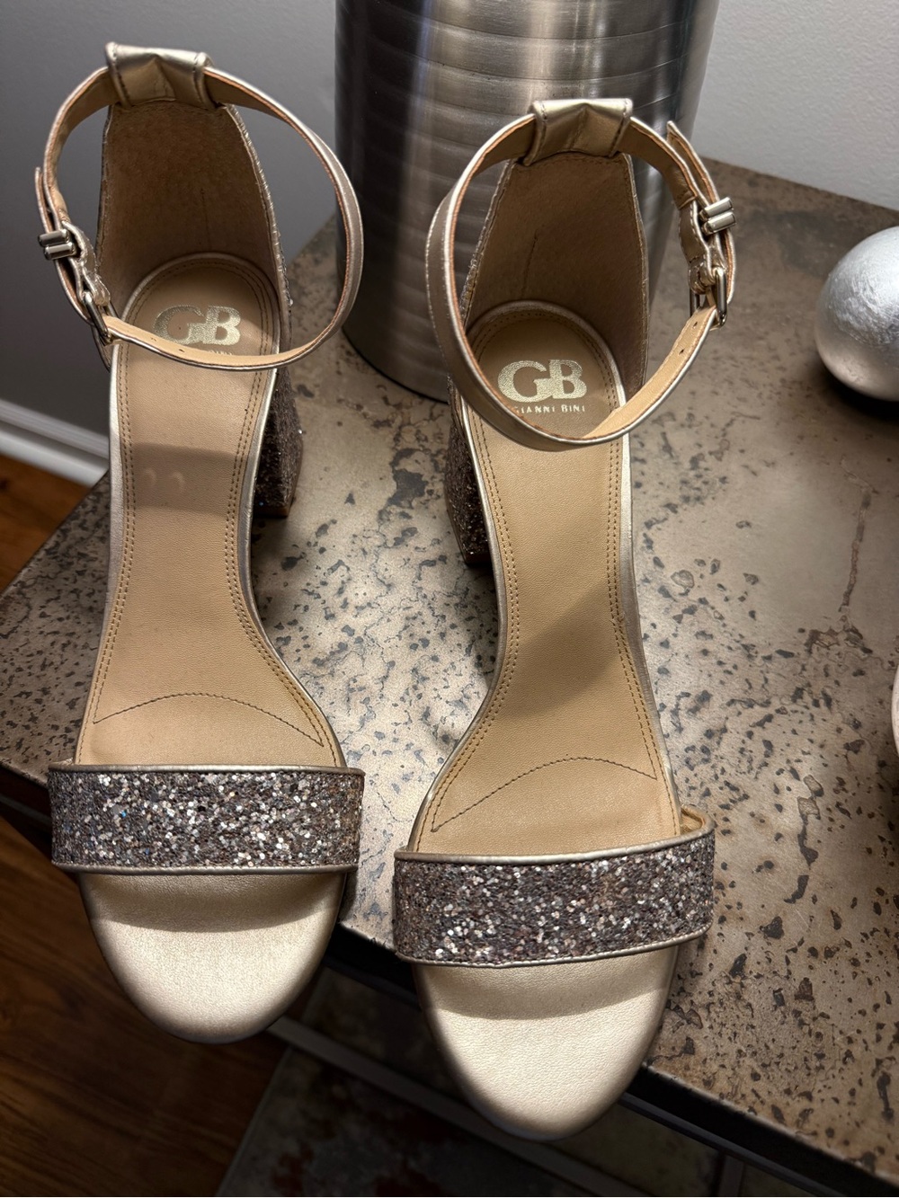 Gianni Bini Gold Glitter Block Party Sandals